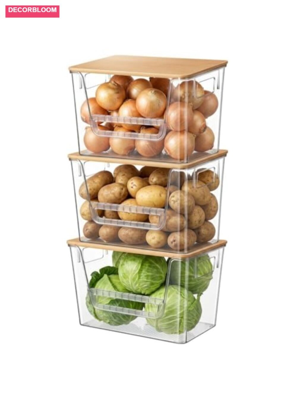3 Set Pantry Organizers Storage Bamboo Lids Stackable Clear Plastic Bins
